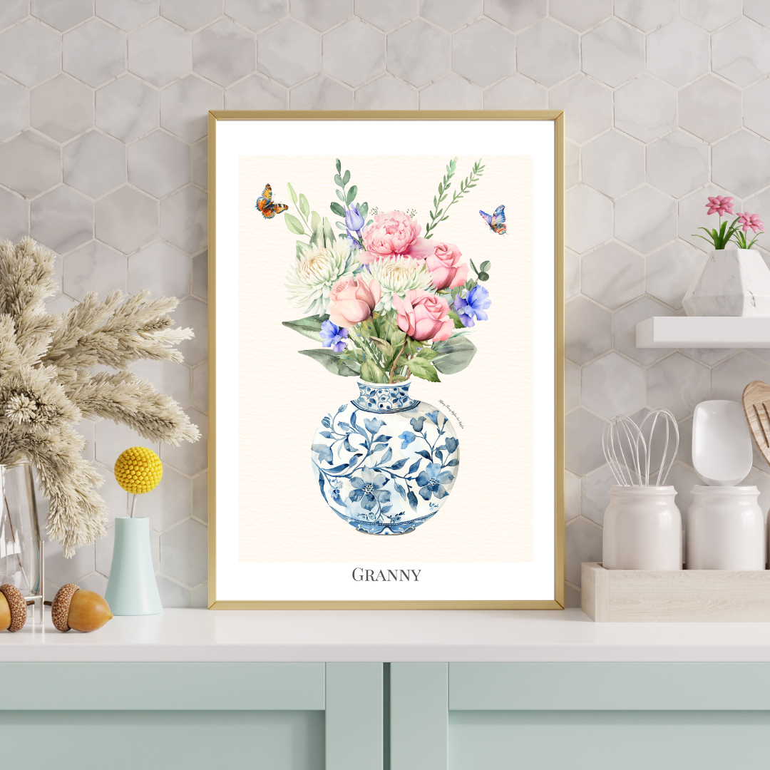 Custom Birth flower bouquet - Blue patterned Vase