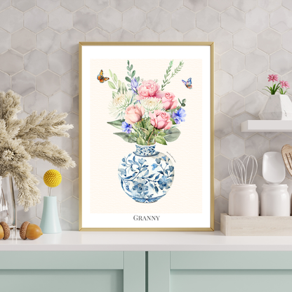 Custom Birth flower bouquet - Blue patterned Vase