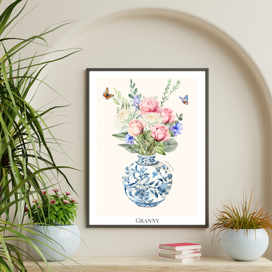 Custom Birth flower bouquet - Blue patterned Vase
