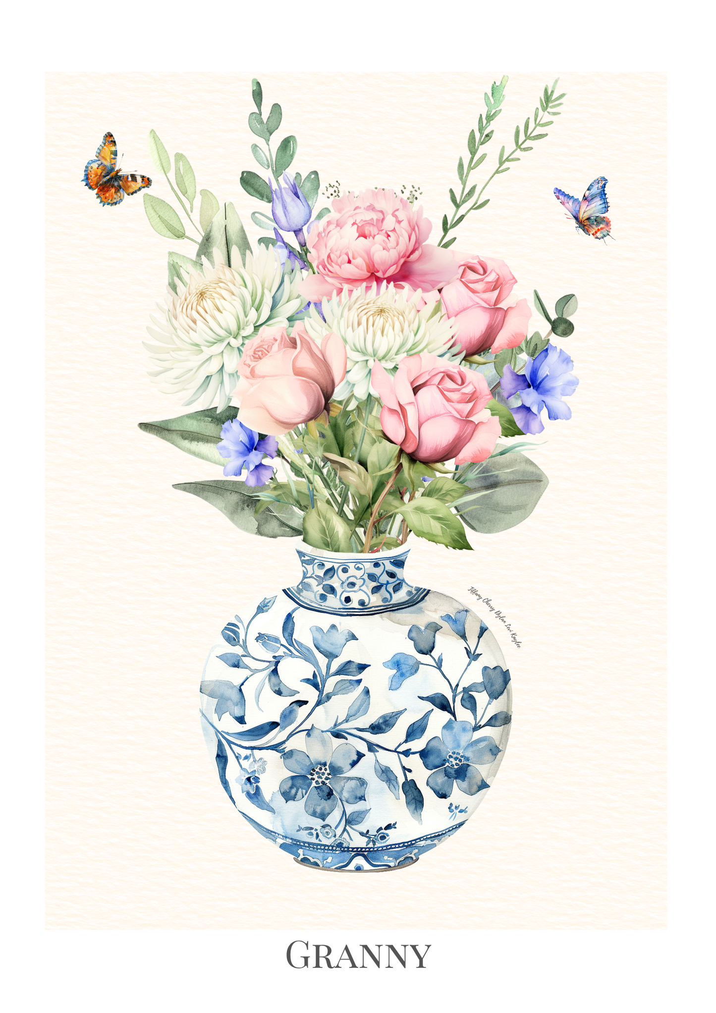 Custom Birth flower bouquet - Blue patterned Vase