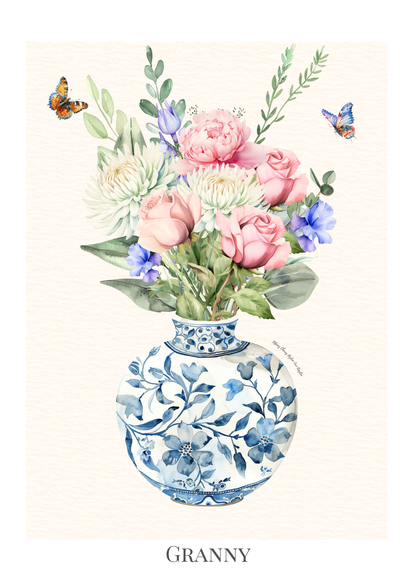 Custom Birth flower bouquet - Blue patterned Vase